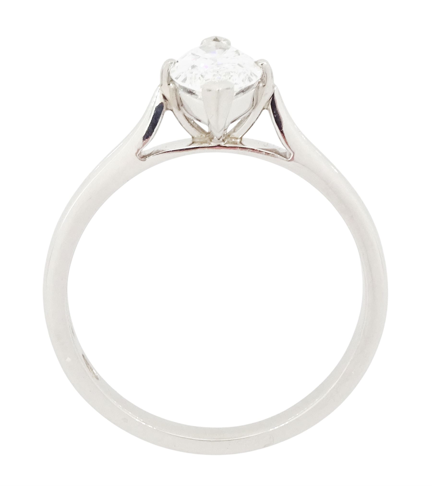 Platinum diamond ring, four claw set with a single marquise cut diamond of 1.01 carat, London 2014, with GIA report