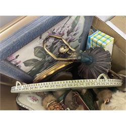 Echt Kobalt tea wares, comprising of tea cup, saucer and dessert plate, together with two Hutschenreuther plates of the month, another similar plate and a Ironstone hatpin holder, 'Gateway to the Moors North Yorkshire' oval oil on board signed by Valerie Barnaby, framed needlework, Leonardo Collection figure group, dressing table set, lamps etc in two boxes