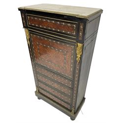 Late 19th century French ebonised and amboyna secrétaire à abattant, white marble top over frieze drawer, fall front and four further drawers, inlaid with trailing pattern in mother of pearl, mounted by cast gilt metal brackets with floral festoons, plinth base with foliate mounted edging and brass stringing, on turned feet 
