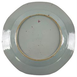 Chinese Qianlong plate of hexagonal form, decorated with riverside scene in a floral boarder D23cm