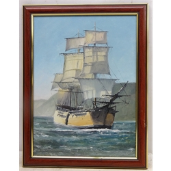  Three Masted Boat off the Shore, 20th century oil on board signed by Robert Sheader 38cm x 28cm  