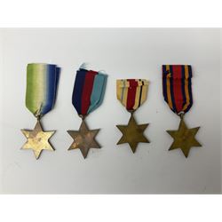 Eight WW2 medals comprising two War Medals 1939-45, Defence Medal, Italy Star, Burma Star, Africa Star, Atlantic Star and 1939-1945 Star; all with ribbons (8)