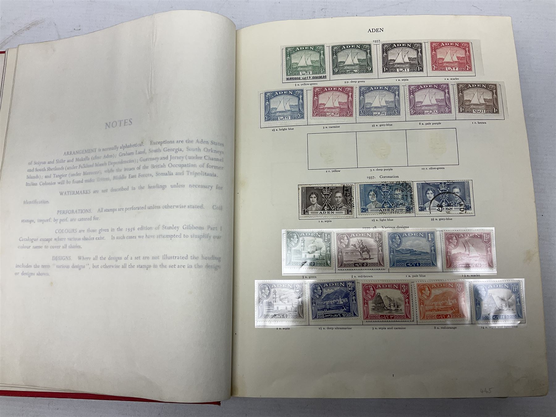 Single album collection of King George VI stamps, including Aden, Antigua, Ascension, Australia, Bahamas, Bahrain, Barbados, Basutoland, Bechuanaland, Bermuda, British Solomon Islands, Brunei, Burma, Cayman Islands, Dominica, Falkland Islands, Gambia, Gilbert and Ellice Islands, Gold Coast, Great Britain 1939-48 set to one pound including ten shilling dark blue, Grenada, Hong Kong, India, Ireland, Jamaica, Leeward Islands, Malta, Mauritius, New Zealand etc
