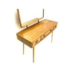 Ercol dressing table with raised mirror back, rectangular top raised with two short and one long drawer, raised on tapering supports joined with stretcher