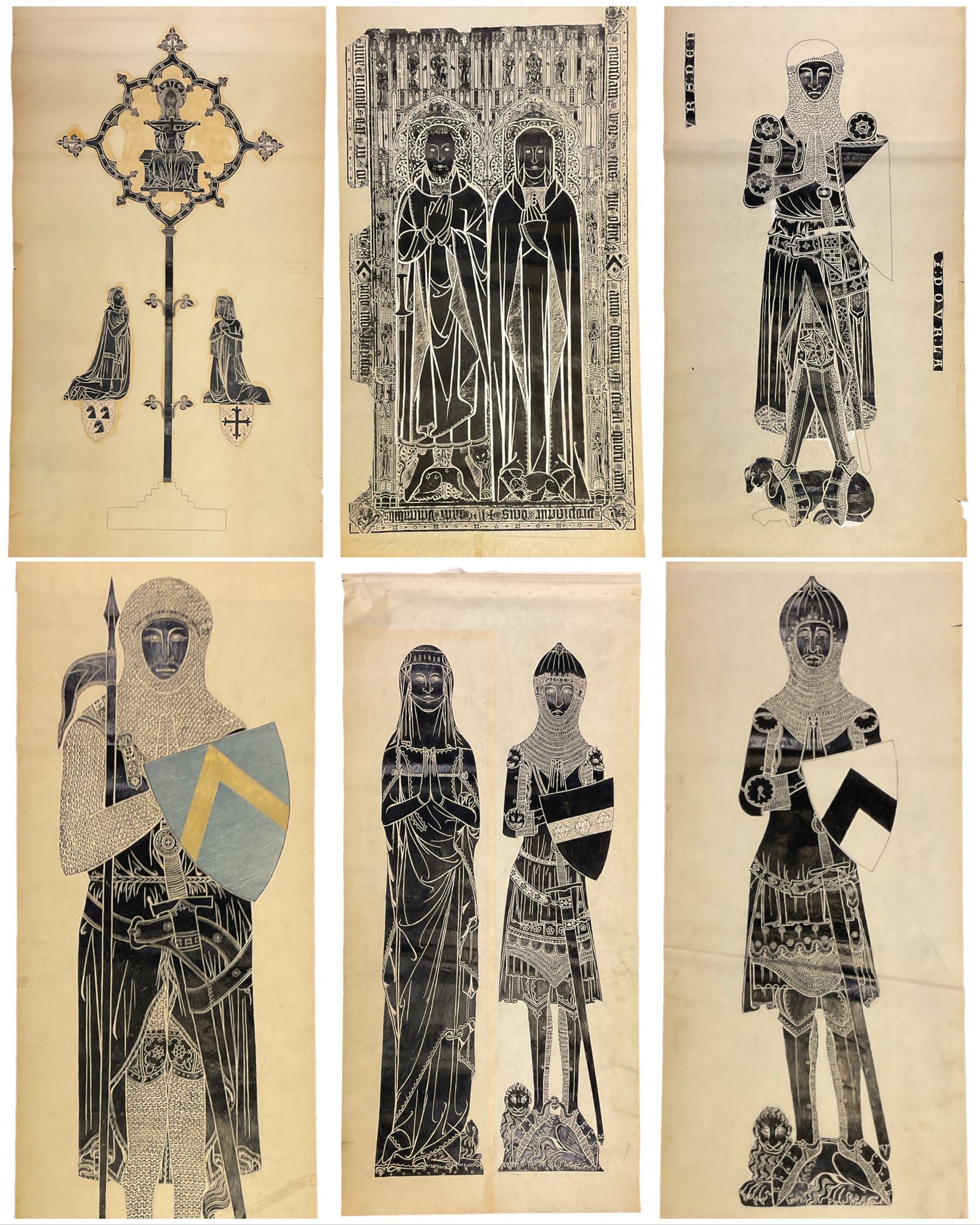 Collection large Brass Rubbings to include: 'Sir Robert de Bures (c.1331)', Knight 'Robert Ingylton' with Three Wives, 'Sir John d'Aubernoun II', 'Sir William Fitzralph (c.1323)', 'Sir John de Creke and Wife Alyne (c.1325)', 'Sir Thomas Swynborne and Father Sir Robert' and others max 280cm x 102cm (13) (unframed)