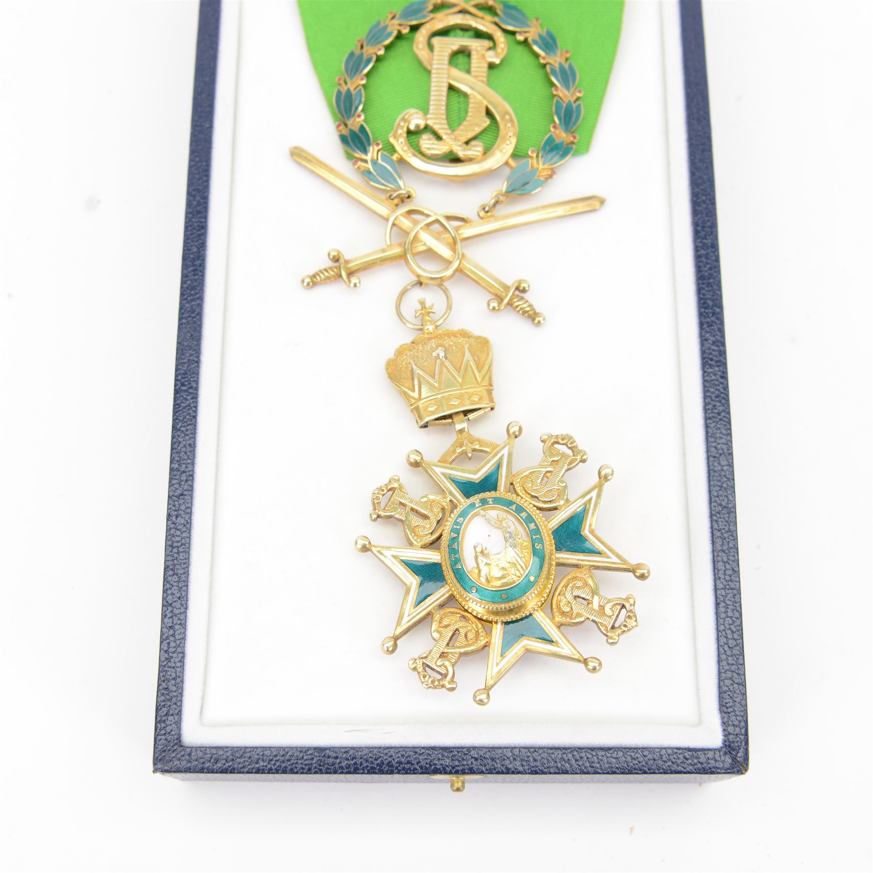 Military and  Hospitaller Order of St. Lazarus of Jerusalem, Knight of Grace gilt silver and enamel neck badge, upon a green ribbon, in case
