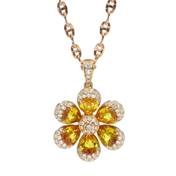  Gold yellow sapphire and diamond flower pendant necklace, hallmarked 18ct, sapphires 4.91 carats and diamonds 0.49 carat  