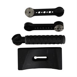 Wooden Camera handheld kit, comprising shoulder pad, two hand grips, two rosette extensions and rosette adapter, contained within a Peli 1400 case