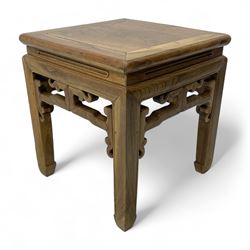 Early 19th century Chinese Qing dynasty jichimu wood stool or side table, Shanxi province, panelled square top, shaped upper rail carved with scrolls, on square supports with hoof feet 