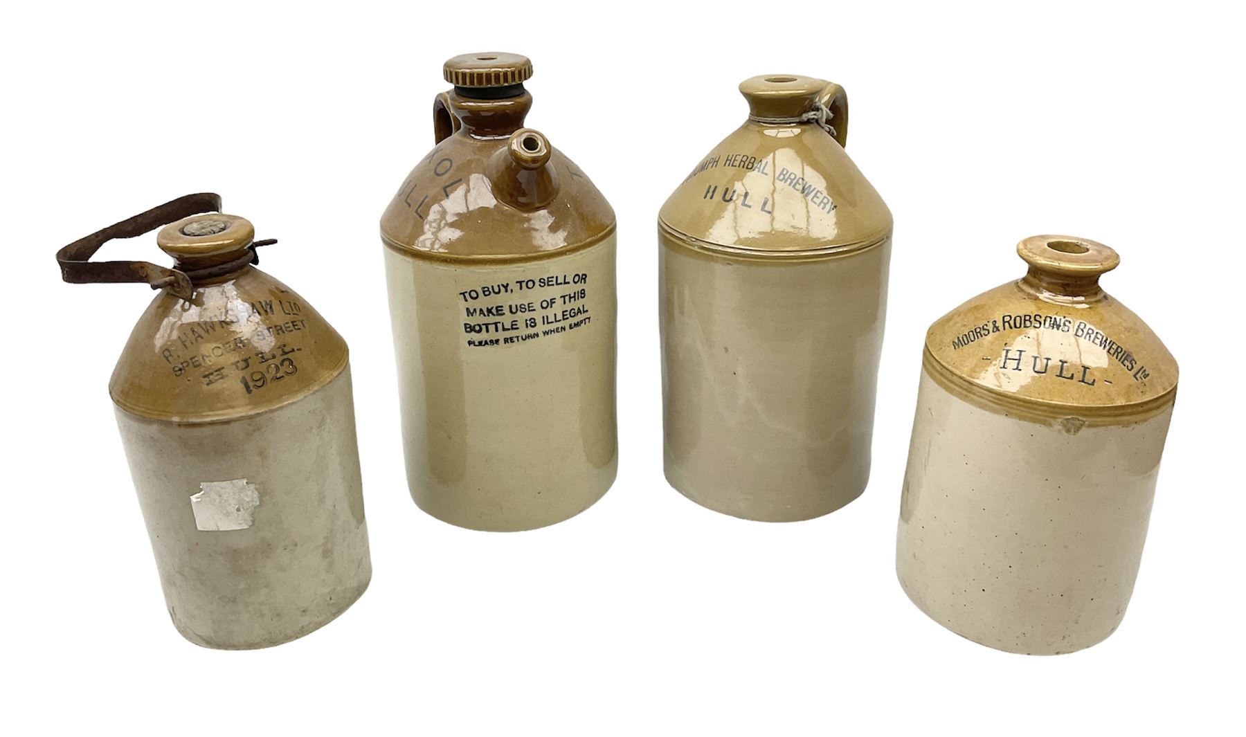 Four Hull stoneware flagons - Moors & Robsons Breweries Ltd H25cm, Hawkshaw Ltd Spencer Street Hull 1923, Triumph Herbal Brewery with brass dispensing tap and Texol Hull with screw stopper (4)  