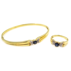  Gold sapphire and diamond hinged bangle and matching ring stamped 18k  