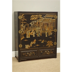  Chinese black lacquered Chinoiserie style two door cupboard with two drawers, W82cm, H97cm, D36cm  