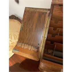 19th century burr walnut correspondence box, the sloped front opening to reveal a fitted interior with perpetual calendar, letter racks, and pen tray between two inkwell recesses, above a pull out draw with recessed brass handle, H41cm L40.5cm D28.5cm