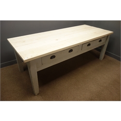  19th century rectangular prep table with later planked sycamore top, two drawers, square tapering supports, 220cm x 91cm, H79cm  