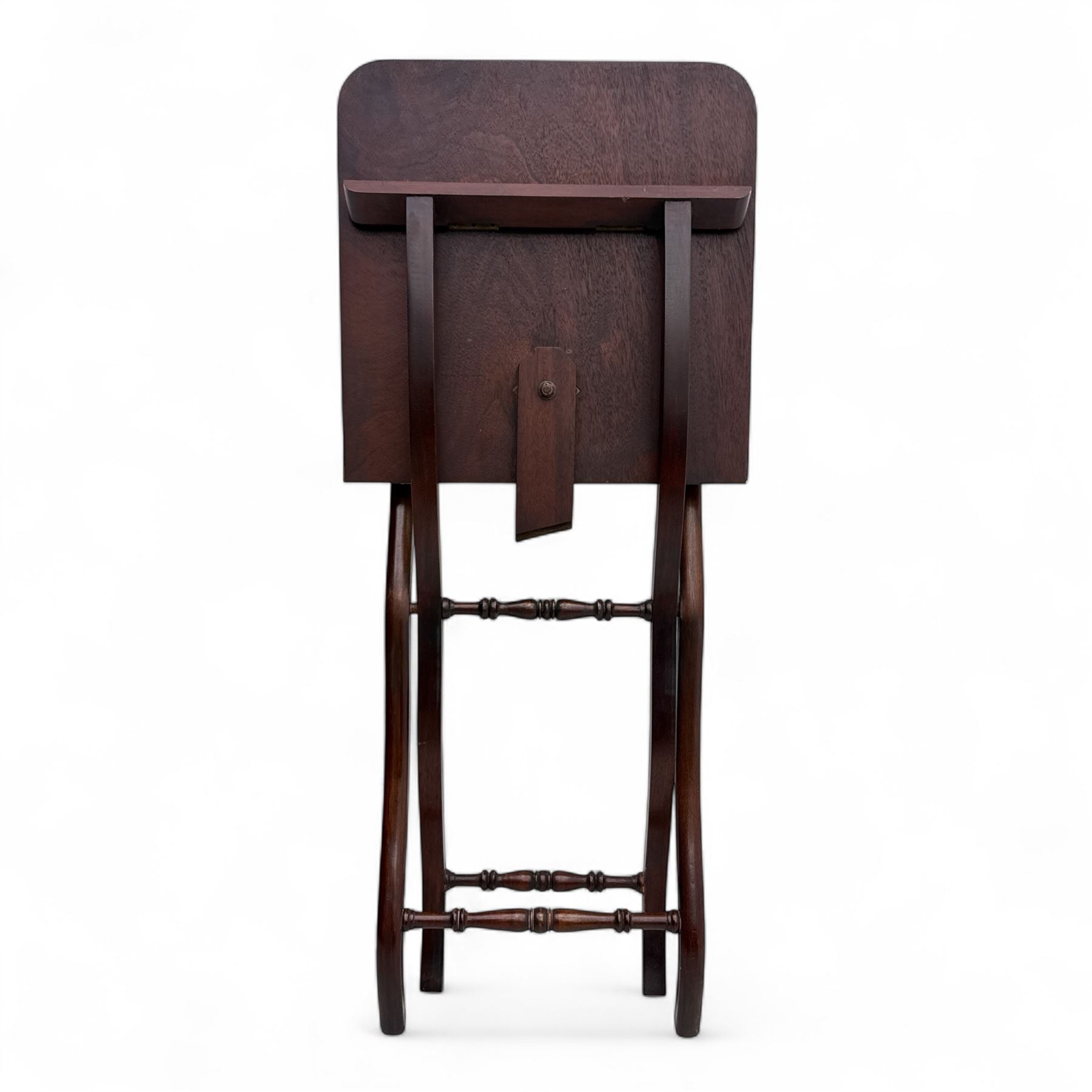 20th century mahogany folding coaching table, hinged rectangular  folding top, divided into two sections, supported on an X-frame with turned stretchers 