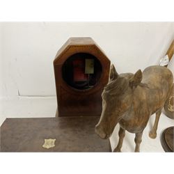 Taxidermy armadillo basket, mahogany clock case, burr walnut box, wooden exercise pins, satinwood pen tray with turned handles and a collection of other wooden collectables