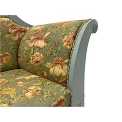 French empire style settee upholstered in 'Leighton' by Margarita Cushing floral fabric, grey painted and gilt frame