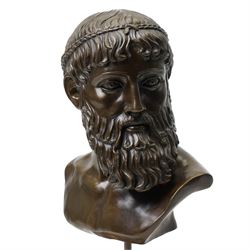 After the antique – a bronze bust modelled on the Artemision Bronze depicting the Greek god Zeus, the bearded head with intense gaze and idealised Classical features, raised on a marble plinth
Notes: the original is now held at the Archaeological Museum of Athens after being recovered from the sea off Cape Artemision, H49cm