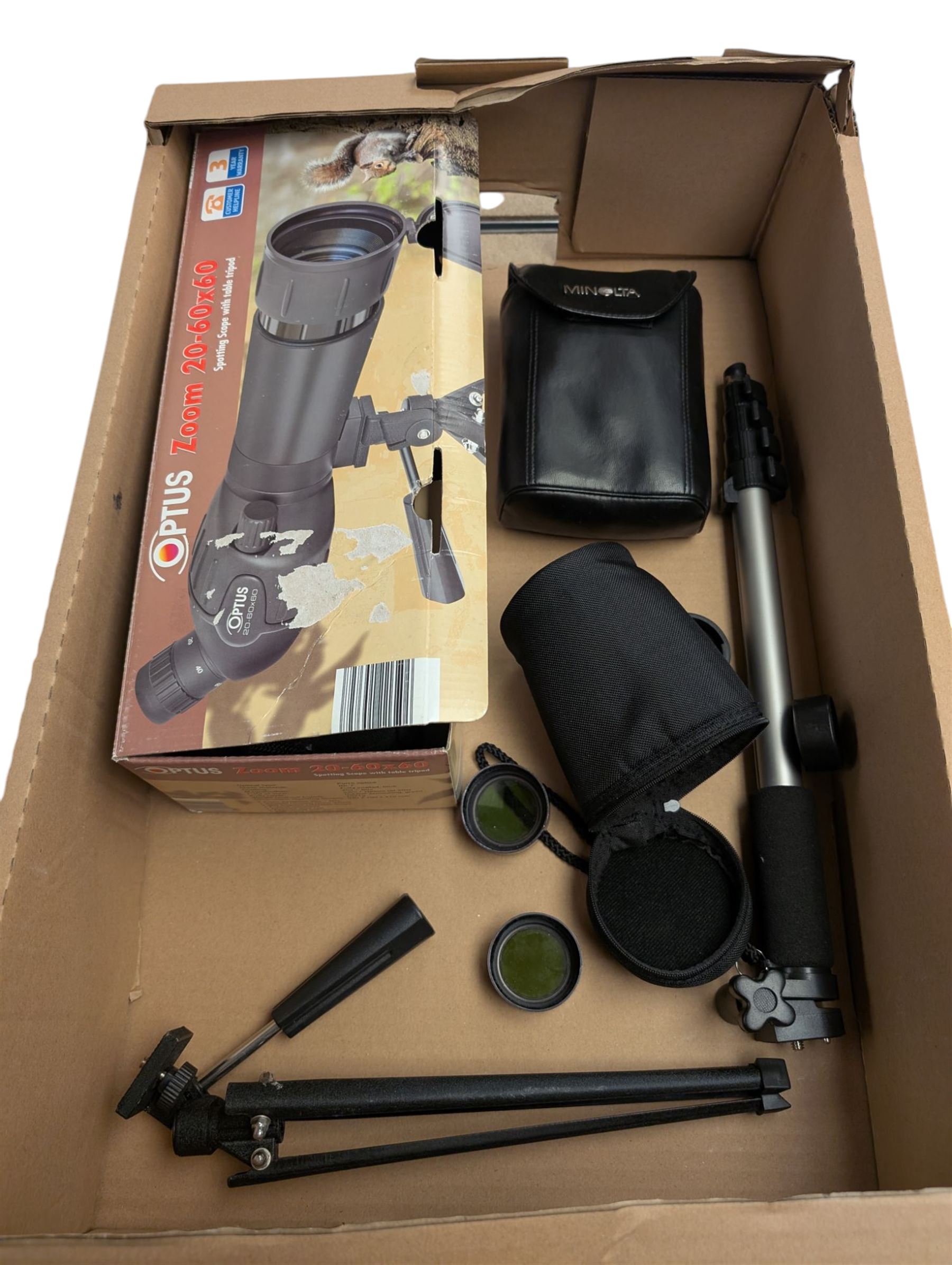 Pair of Minolta 8x-16x32 binoculars in original soft case, together with an Optus Zoom 20-60x60 spotting scope, boxed, Jessops monopod 223 and binocular filters 
