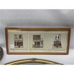 Two ceramic plaques by Richard Fisher, together with wooden plaques, artwork and three mirrors 