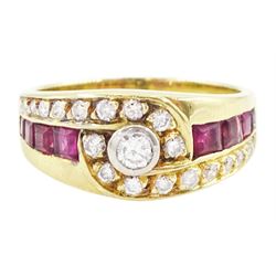 18ct gold diamond and ruby crossover ring, the principal round brilliant cut diamond of ap...