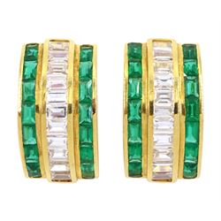 Pair of 18ct gold green and white paste stone set half hoop stud earrings, stamped 750