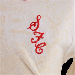 1960s Scarborough FC long sleeved football shirt, all white with red cuffs and collar, red umbro logo, stitched red SFC logo and red number 13 to back, with Umbro International label inside collar