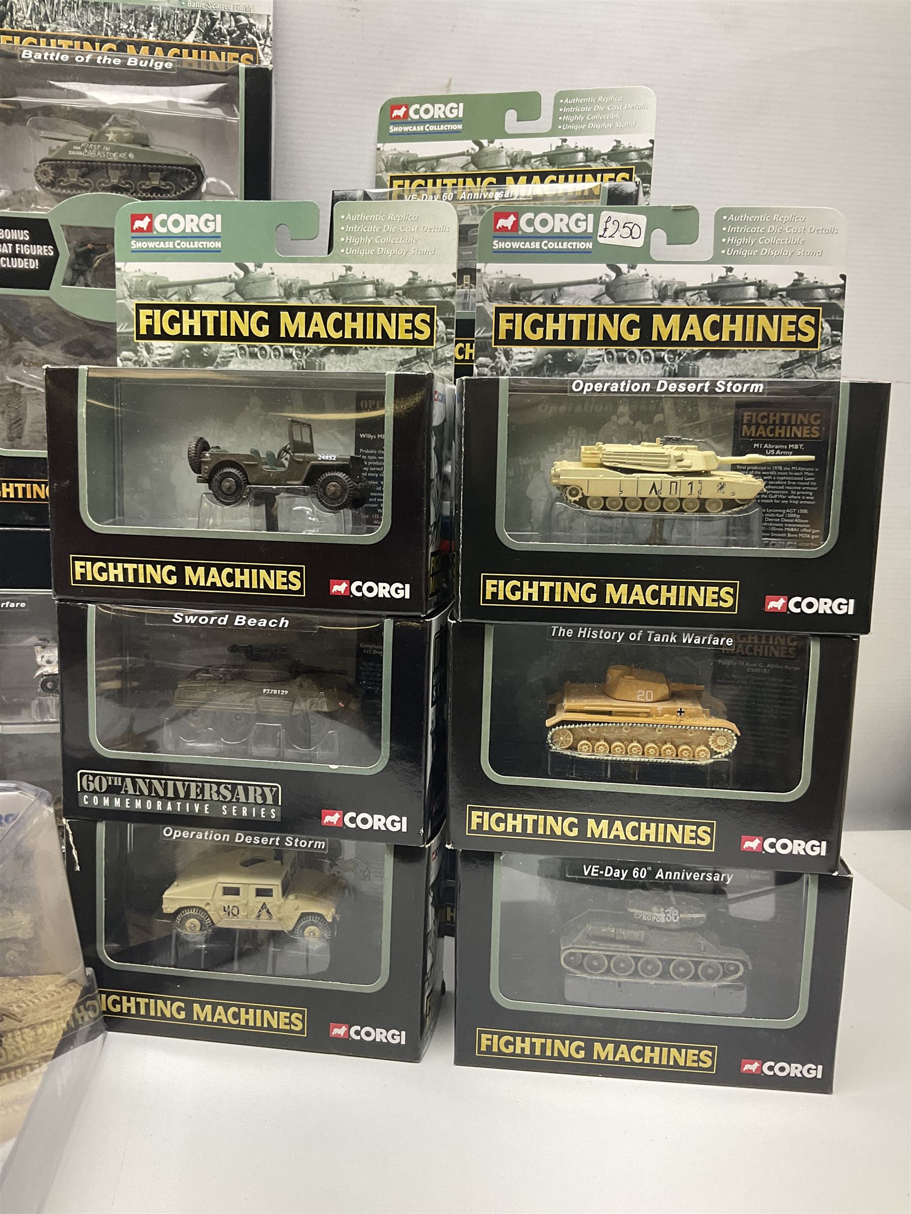 Corgi - twenty-six Showcase Collection 'Fighting Machines' for tank warfare including four-model pack, three two-model packs, WWII Legends, D-Day 60th Anniversary etc; all boxed (26)