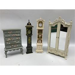 Collection of miniature dolls house furniture, to include five drawer chest painted with blossom, cream and gilt double door mirrored wardrobe, four piece lacquered style desk set, three piece suite, writing desk, wash stand, Knoll style sofa etc (14)