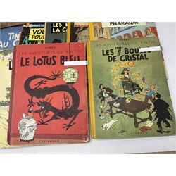 Twenty one first edition Herge, 'The Adventures of Tin Tin' books published by Casterman Bruxelles, with French text and coloured comic strip illustrations throughout; comprising Tintin Au Congo 1946, Tintin En Amerique 1946, Les Cigares du Pharaon 1955, Le Lotus Bleu 1946, L'Oreille Cassee 1943, L'ile Noire 1943, Le Sceptre d O'ttokar 1947, Le Crabe Aux Pinces D'or 1943, L'Etoile Mysterieuse 1942, Le Secret de la Licorne 1943, Le Tresors de Rackan Le Rouge 1945, Les 7 Boules de Cristal 1948, Le Temple du Soleil 1949, Au Pays de L'Or Noir 1950, Objectif Lune 1953, On a Marche sur la Lune 1954, L'Affaire Tournesol 1956, Coke en Stock 1958, Tintin au Tibet 1960, Les Bijous de la Castafiore 1963 and Vol 714 Pour Sydney 1968
