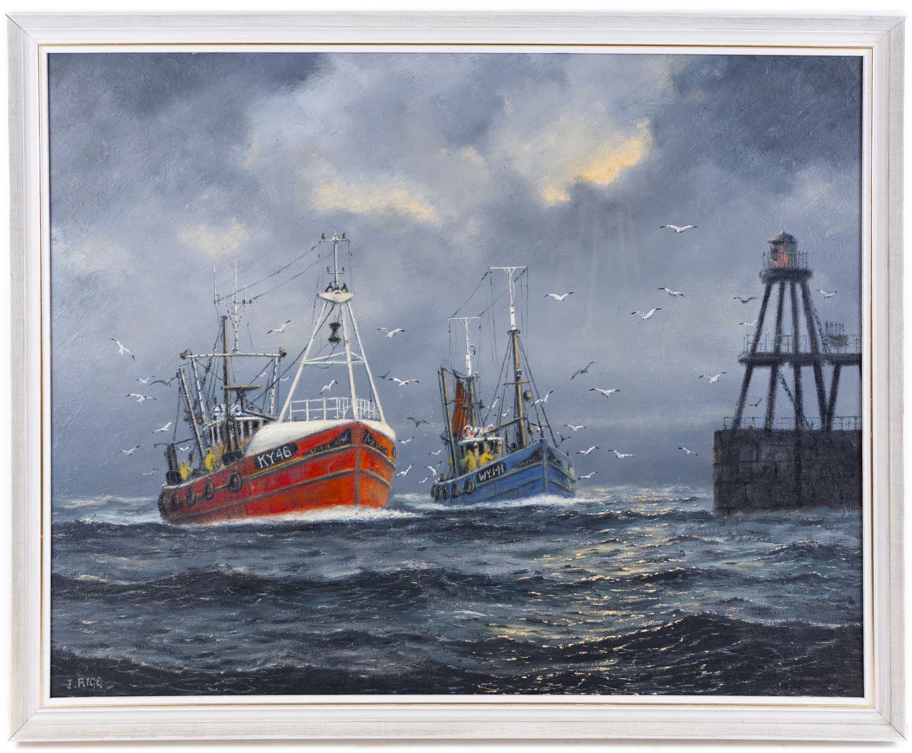 Jack Rigg (British 1927-2023): Kirkcaldy and Whitby Trawlers Returning to Harbour, oil on canvas board signed, dated 1973 verso 60cm x 76cm