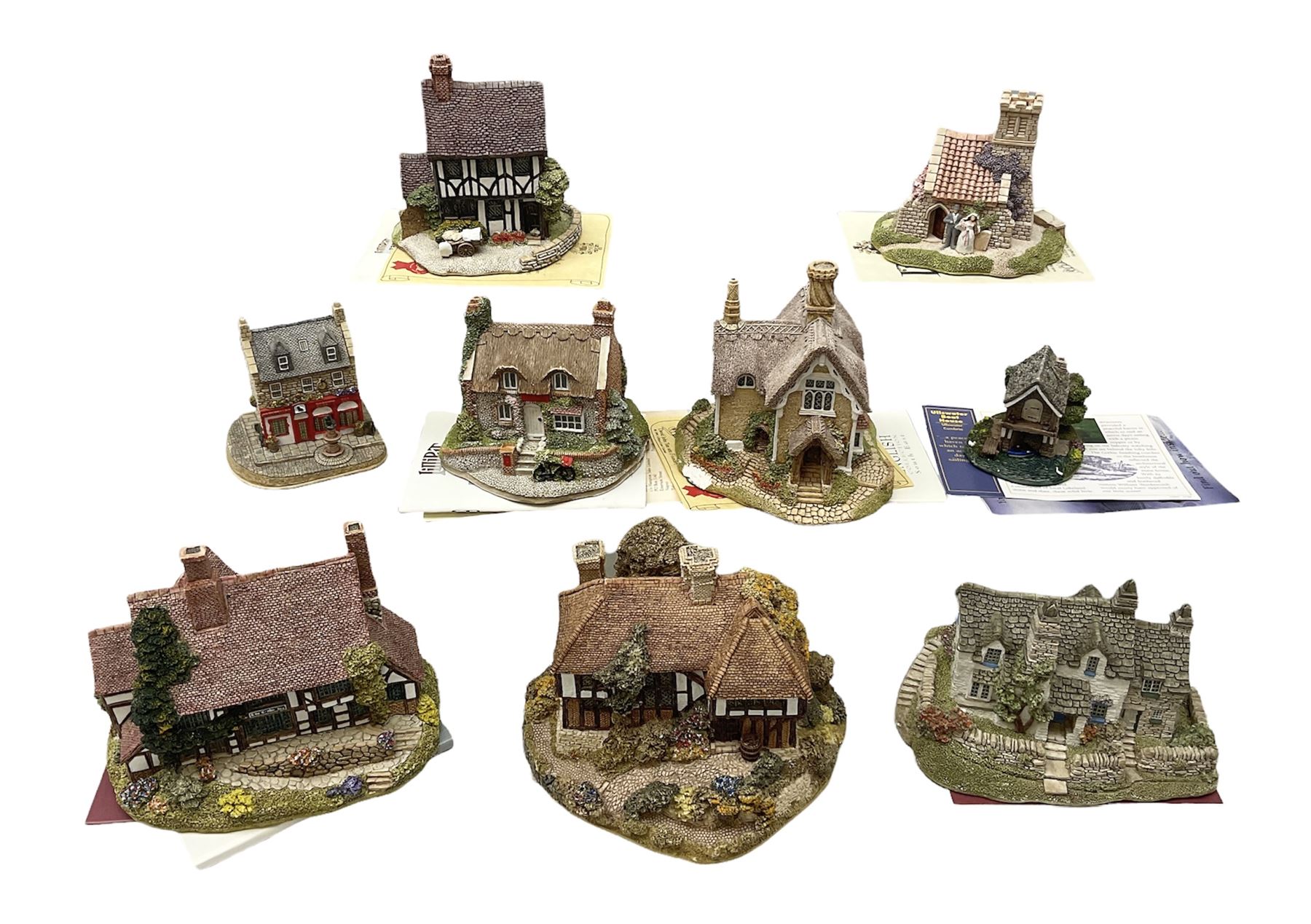 Nine Lilliput Lane cottages from the British and English collections to include Crown Inn, Wealden House, Puffin Row, etc, all boxed, one without deeds
