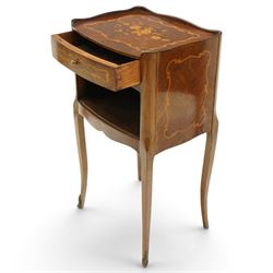 Matched pair of French inlaid floral marquetry bedsides, the three-quarter gallery tray top with central floral bouquet inlay and C-scroll border, one fitted with single frieze drawer over recessed cupboard and shaped apron, the other with three drawers, raised on tapering cabriole supports, with brass cartouche feet