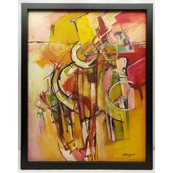 Francis Perera (Sri Lankan 1931-): Geometric Abstract, oil and mixed media on sail canvas signed 80cm x 63cm 
Notes: Perera a noted Sri Lankan artist has had many solo exhibitions both in his home country and overseas. He is a six time winner of the Presidential Award, represented Sri Lanka in Washington DC to commemorate the 50th anniversary of its independence, exhibited at the Royal Commonwealth Society in 2002, and at the 20th International Art Festival in Germany.