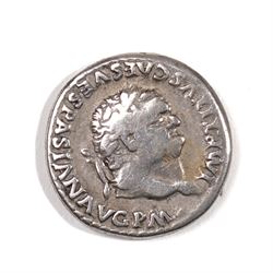 Roman Empire - Titus (AD 79-81): Silver Denarius coin, obverse laureate head of Titus right, reverse elephant standing left, TR P IX IMP XV COS VIII P P; AD 80, Rome mint

Notes: Obverse legend includes VESPASIAN as Titus’ patronymic, not indicating the reign of Vespasian.
