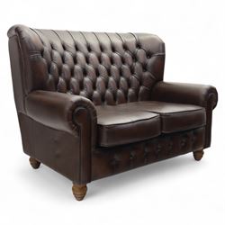 Thomas Lloyd  - two-seater settee, brown leather,  button upholstered back, cushion seats,...