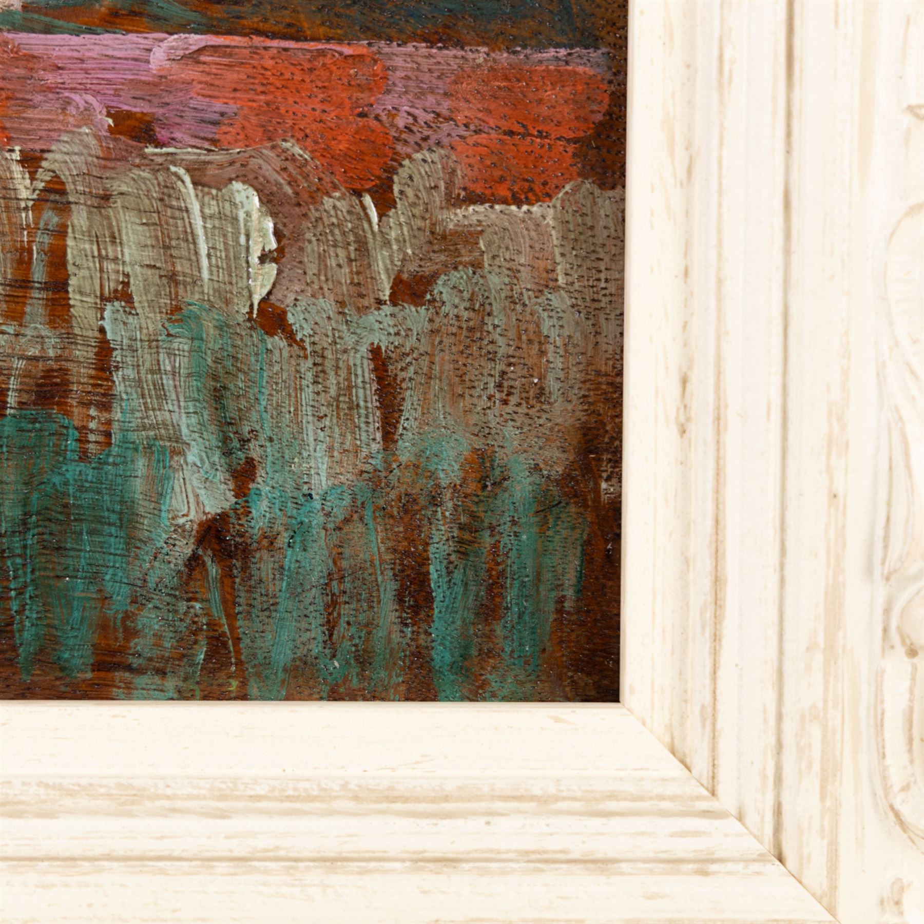 Paul Elie Gernez (French 1888-1948): Church and Village in French Landscape, oil on panel signed faintly lower right 19cm x 31cm
Provenance: private collection purchased Leighton Fine Art, Marlow, Bucks
