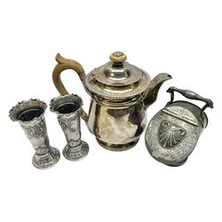 19th century silver plated coffee pot, of bellied form with fruitwood handle and finial, together with a silver plated novelty sugar bowl i the form of a coal scuttle and a pair of silver plated embossed vases, coffee pot H20cm