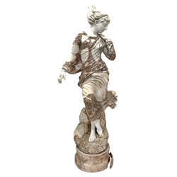 Victorian style rouge and white marble classical statue of woman dancing, on circular stepped moulded plinth base, H185cm