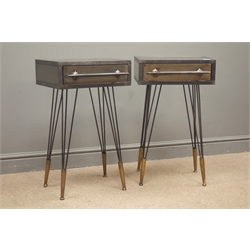  Pair industrial style bedside cabinets, single drawer, hairpin legs, brass cone feet,  H69cm, W41cm, D34cm  