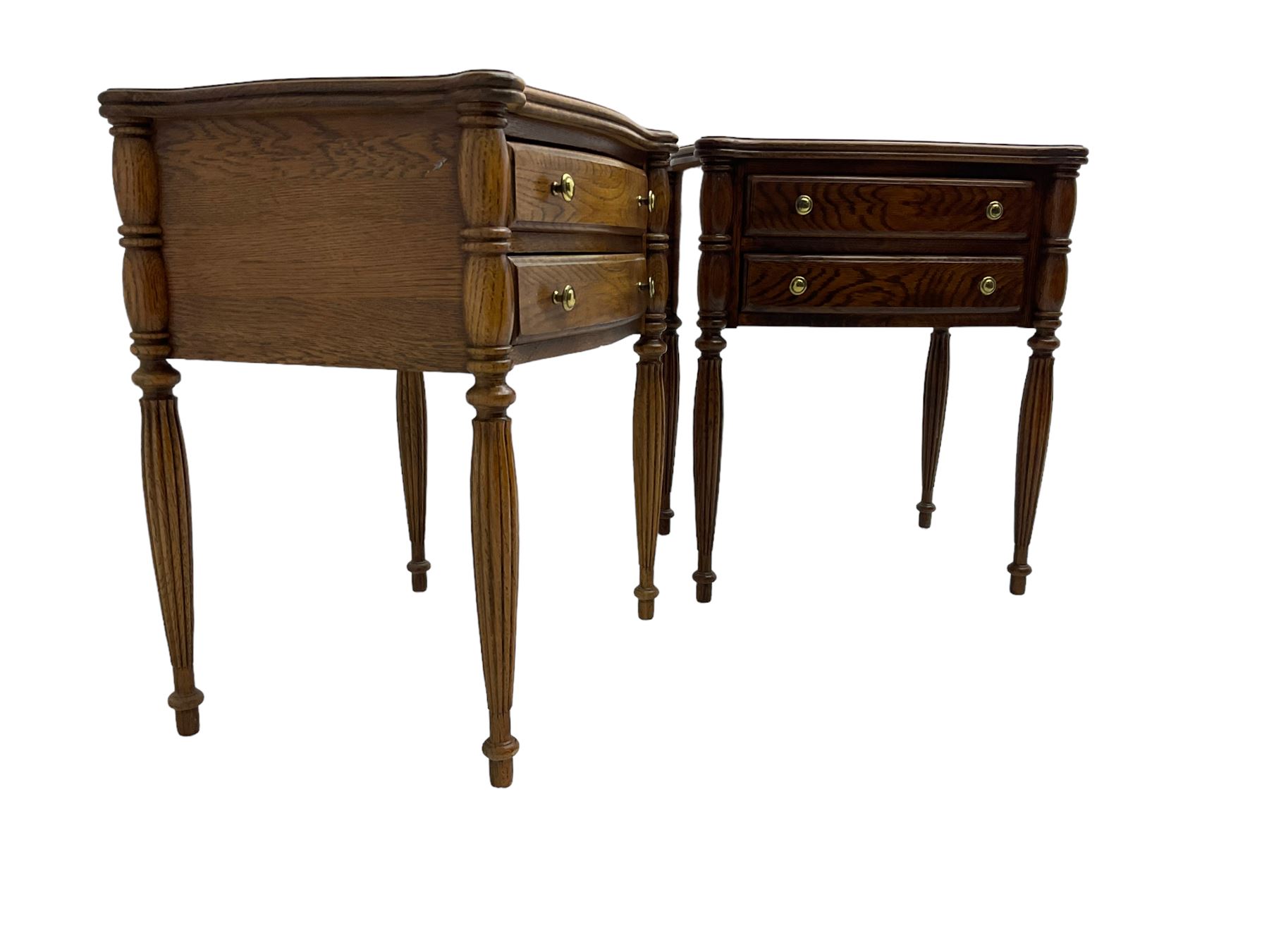 Lexington Furniture - pair of oak bedside lamp tables, shaped moulded top over two drawers, on turned and reed moulded supports