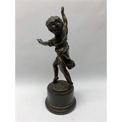 After E Plat, bronze modelled as a dancing child, signed E. Plat, upon cylindrical black marble base, H40cm