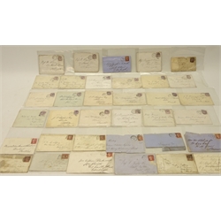  Collection of thirty-five Queen Victoria stamps on covers fourteen being perf penny reds and twenty-one being penny lilacs, variety of postmarks and cancels (35)  