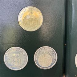 Limited Edition Danbury Mint 'History of the English Speaking Peoples' complete set of fifty silver medallions, each depicting historical figures and scenes from Julius Caesar Lands 55BC to Second World War 1939AD, contained within leatherette folder with personalised presentation to cover and interior, no. 2780/7500