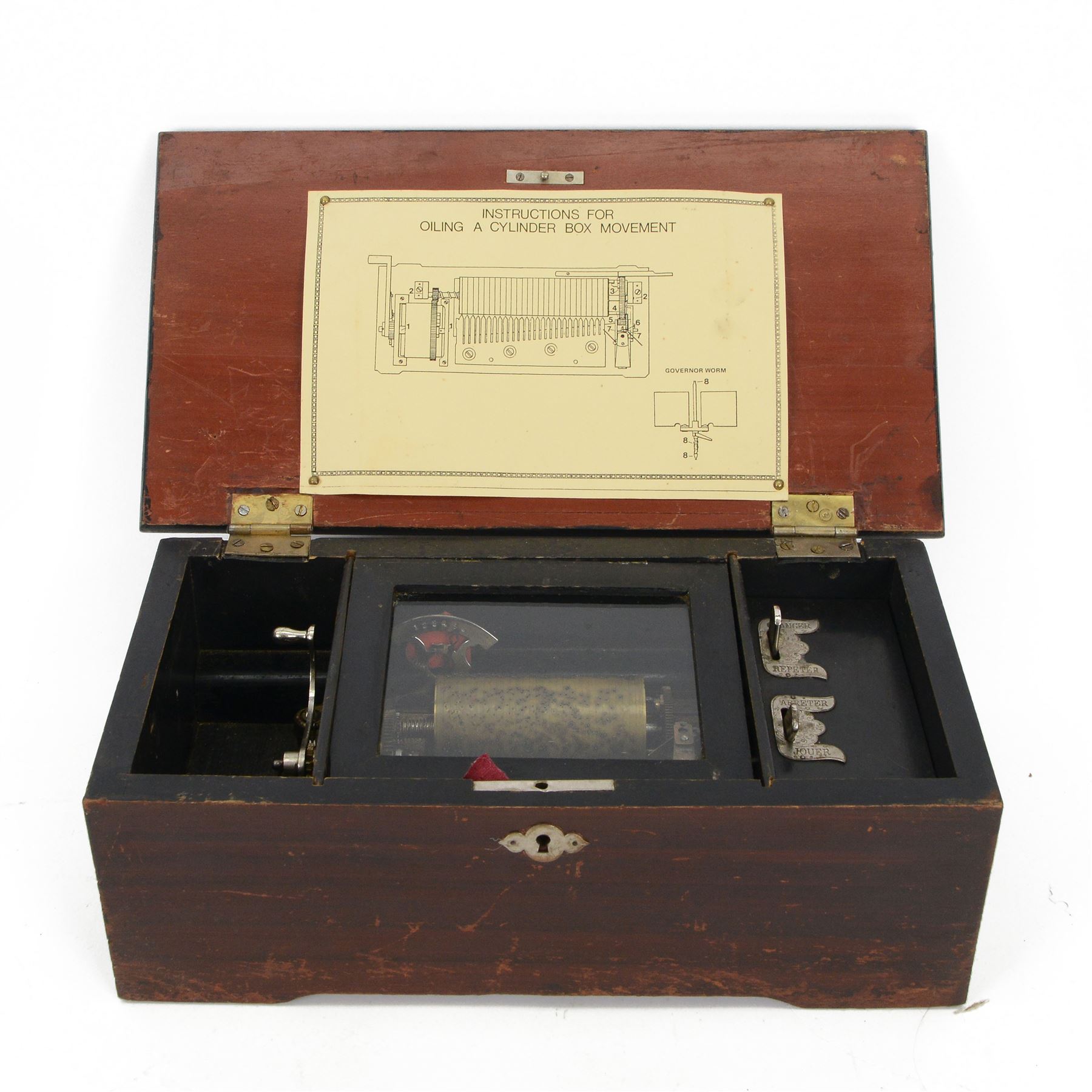 Early 20th century Swiss musical box- in a plain mahogany finished case playing six airs on a 30 tooth steel comb, with a 3-1/4”  pinned cylinder and tune indicator, with play/stop/repeat/change/ levers, crank wound spring driven barrel with Geneva stopwork, case fitted with an internal viewing glass.