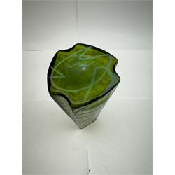 Three Austrian Art Nouveau green iridescent glass vases, to include two Pallme-Konig examples and a Kralik example, each with threaded vein decoration, tallest H25cm (3)