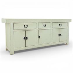 Large painted pine dresser sideboard, fitted with three drawers and five cupboards
