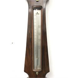 Early 19th century rosewood four dial banjo barometer, dry/damp dial, mercury thermometer, silvered circular register engraved with urn and scroll decoration, balance signed 'Vassalli Scarborough', fitted with mother of pearl adjusting handle