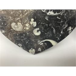 Pair of dishes in the form of hearts with a raised Goniatite to the centre and Orthoceras and Goniatite inclusions, age: Devonian period, location: Morocco, D16cm