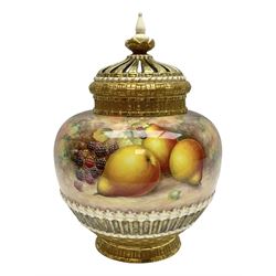 Mid 20th century Royal Worcester potpourri vase and cover decorated by Alan Telford, of ovoid form with inner cover and pierced gilt outer cover with bud finial, upon short gilt circular foot, the body part moulded with basket weave bands in gilt and bronze, and hand painted with a still life of fruit upon a mossy ground, signed Telford, with black printed mark beneath and painted shape number 1286, H25.5cm